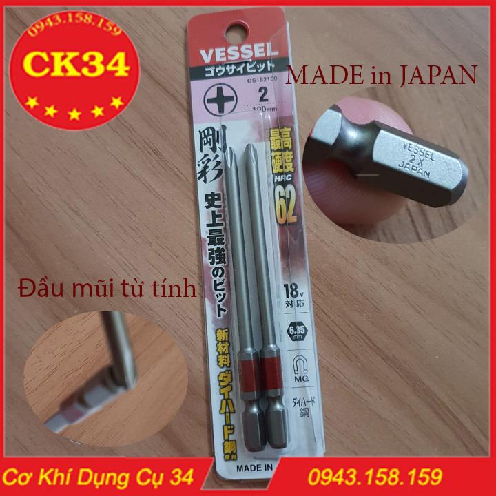 Tô vít VESSEL NHẬT BẢN bộ 2 mũi chuôi lục giác 100mm cho khoan
