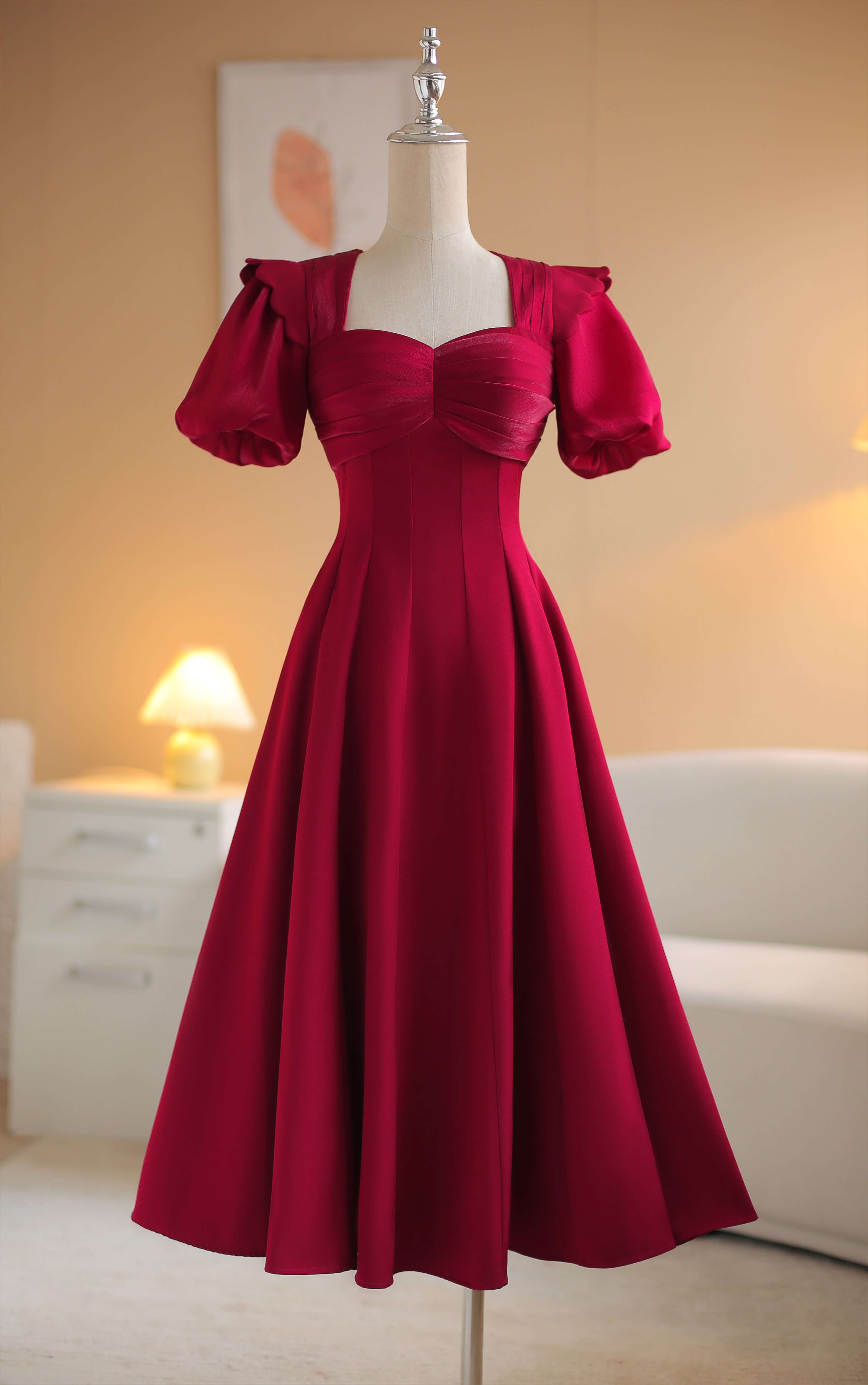 Sò vintage - garnet đầm đỏ tay phồng xòe xếp li