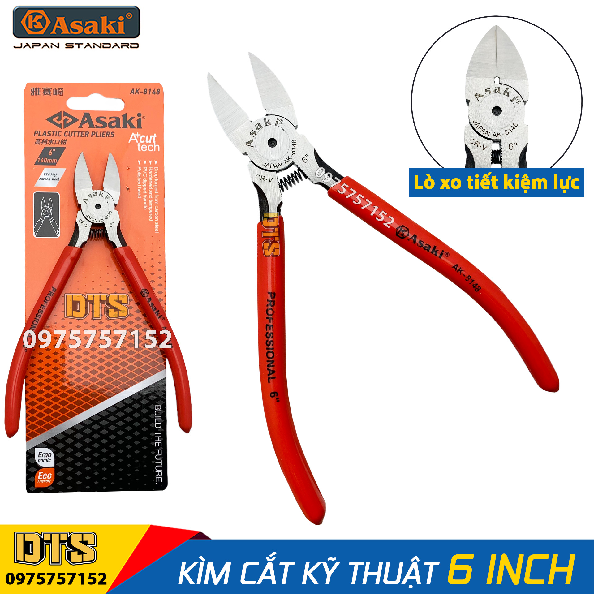 Kìm cắt kỹ thuật 6 inch Asaki JAPAN AK-8148 160mm, thép CR-V độ cứng cao
