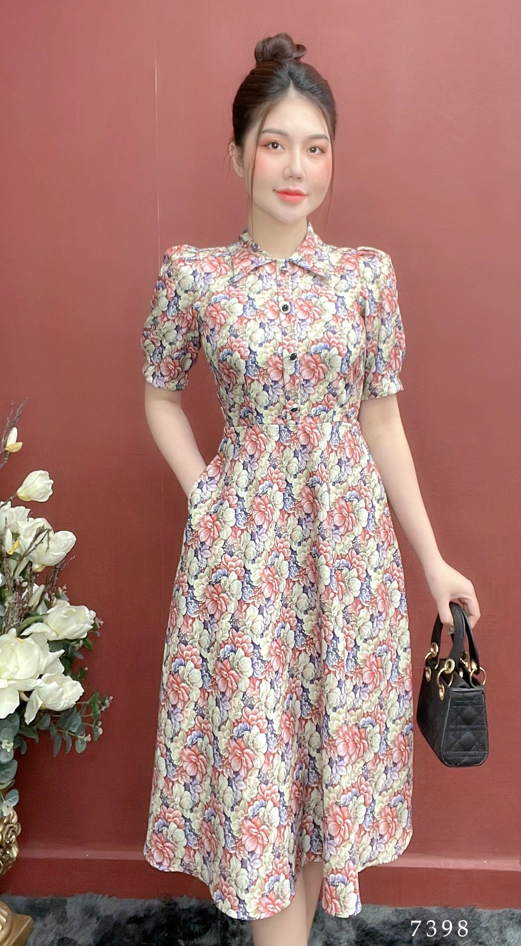 Đầm EMY EM7398 Xoè Hoa Cổ Lá
