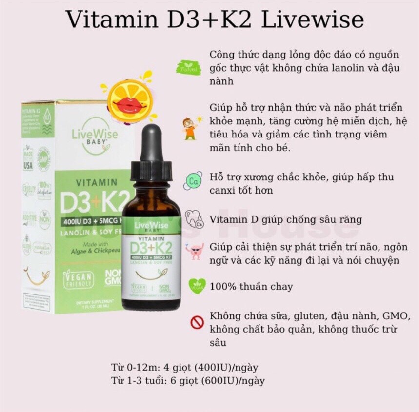 Vitamin D3k2 Organic Livewise Cho Bé Từ Sơ Sinh