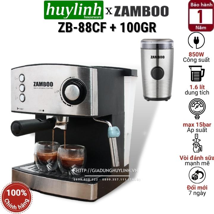 Combo máy pha cafe espresso zamboo zb-88cf + máy xay cà phê 100gr - tặng 500gr cafe nguyên chất - hàng chính hãng
