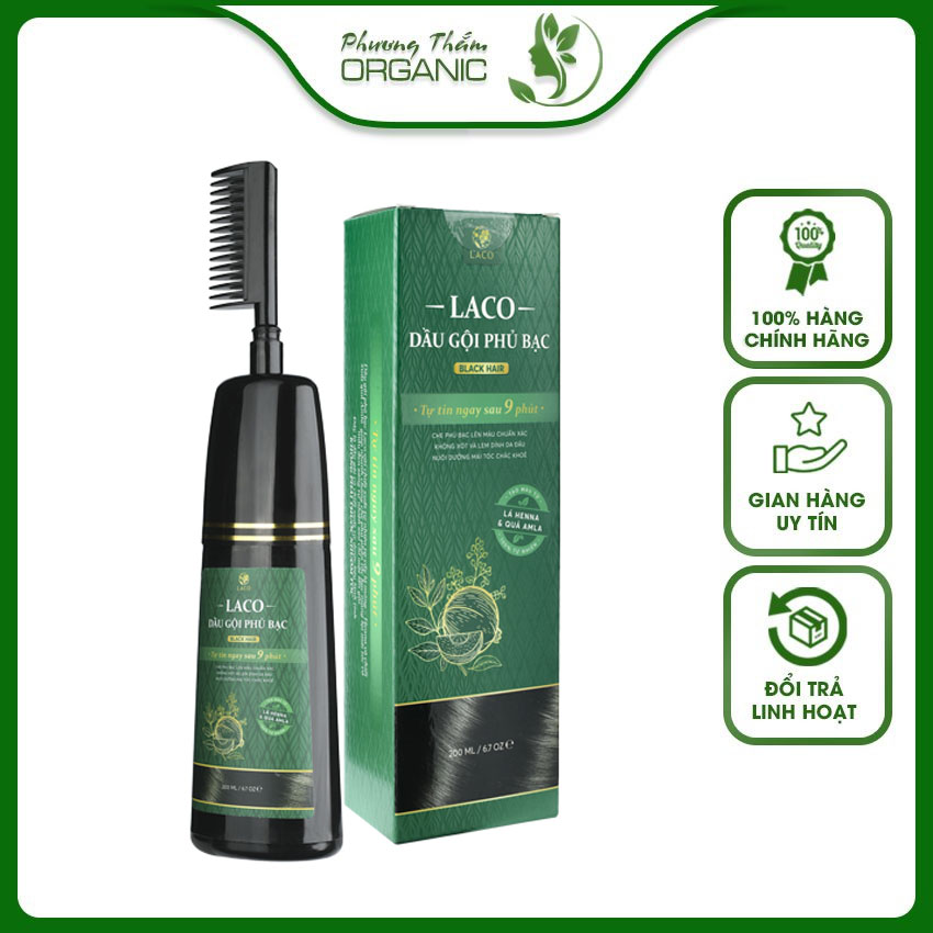 Dầu gội phủ bạc LACO đen tóc xanh tự nhiên chỉ sau 9 phút PT11 có lược chải tiện dụng an toàn, nhuộm tóc an toàn lành tính - Phương Thắm Organic