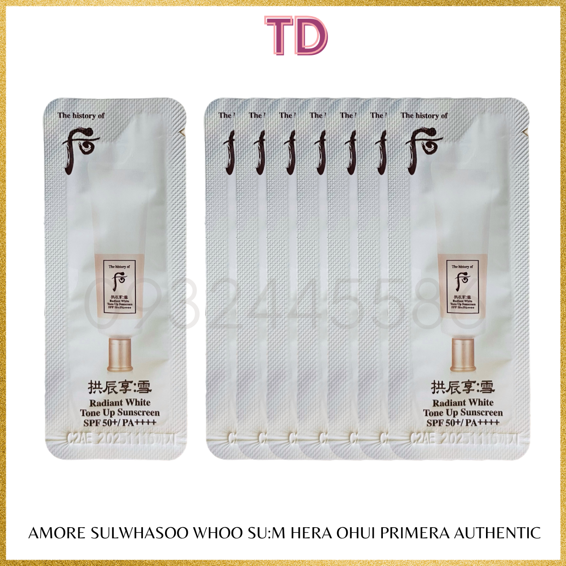 Whoo 5 gói kem chống nắng dưỡng trắng nâng tone da spf50+/ pa++++ whoo radiant white tone up sunscreen 1ml tloskorea cũ