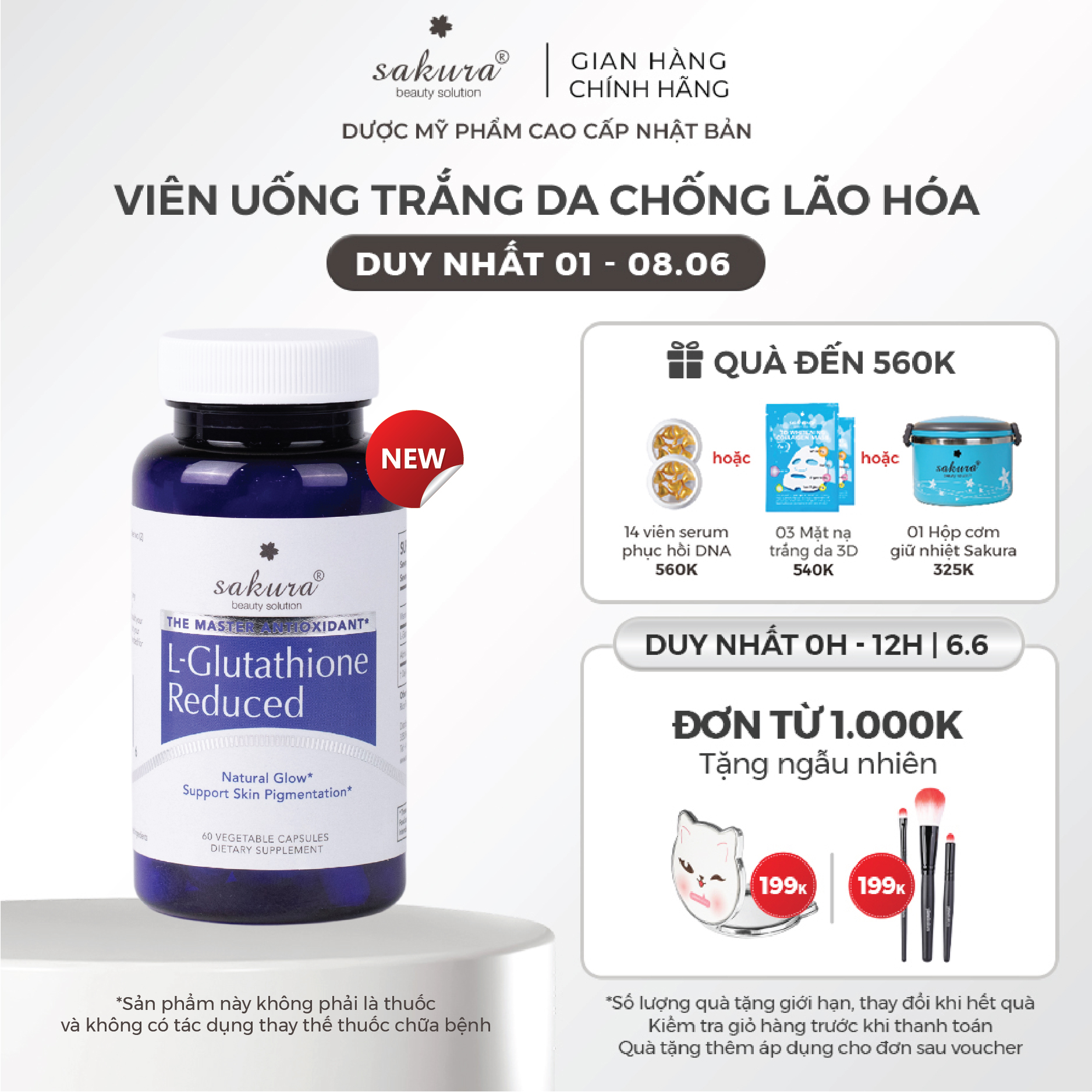  Viên uống trắng da ngăn ngừa lão hóa Sakura L- Glutathione Reduced 60 viên 
