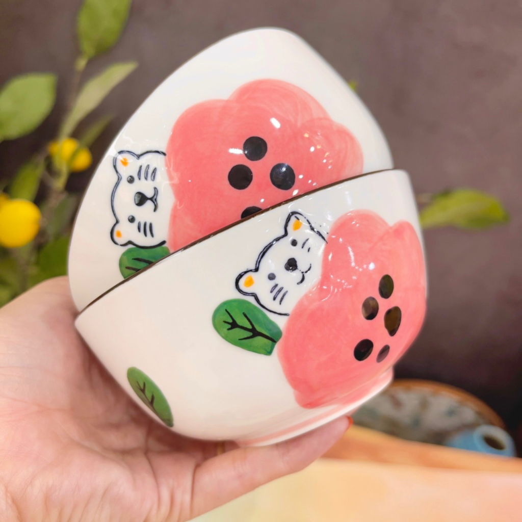 Bộ bát đĩa gốm sứ decor hoạ tiết Gấu hoa hồng siêu xinh. Sét 5 món