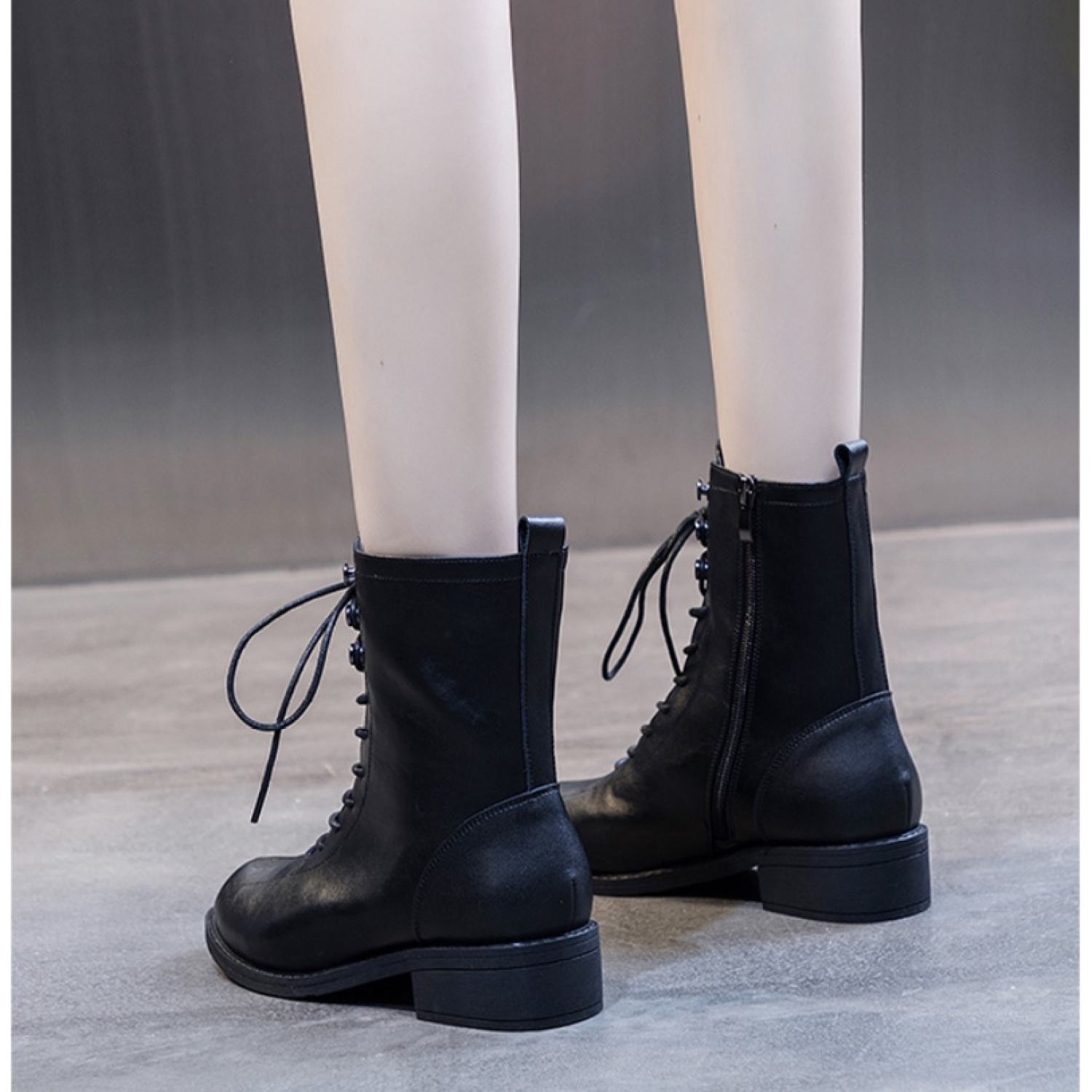 Bốt Nữ Cổ Cao Đế Thấp 3 Phân Kéo Khoá ULZZANG