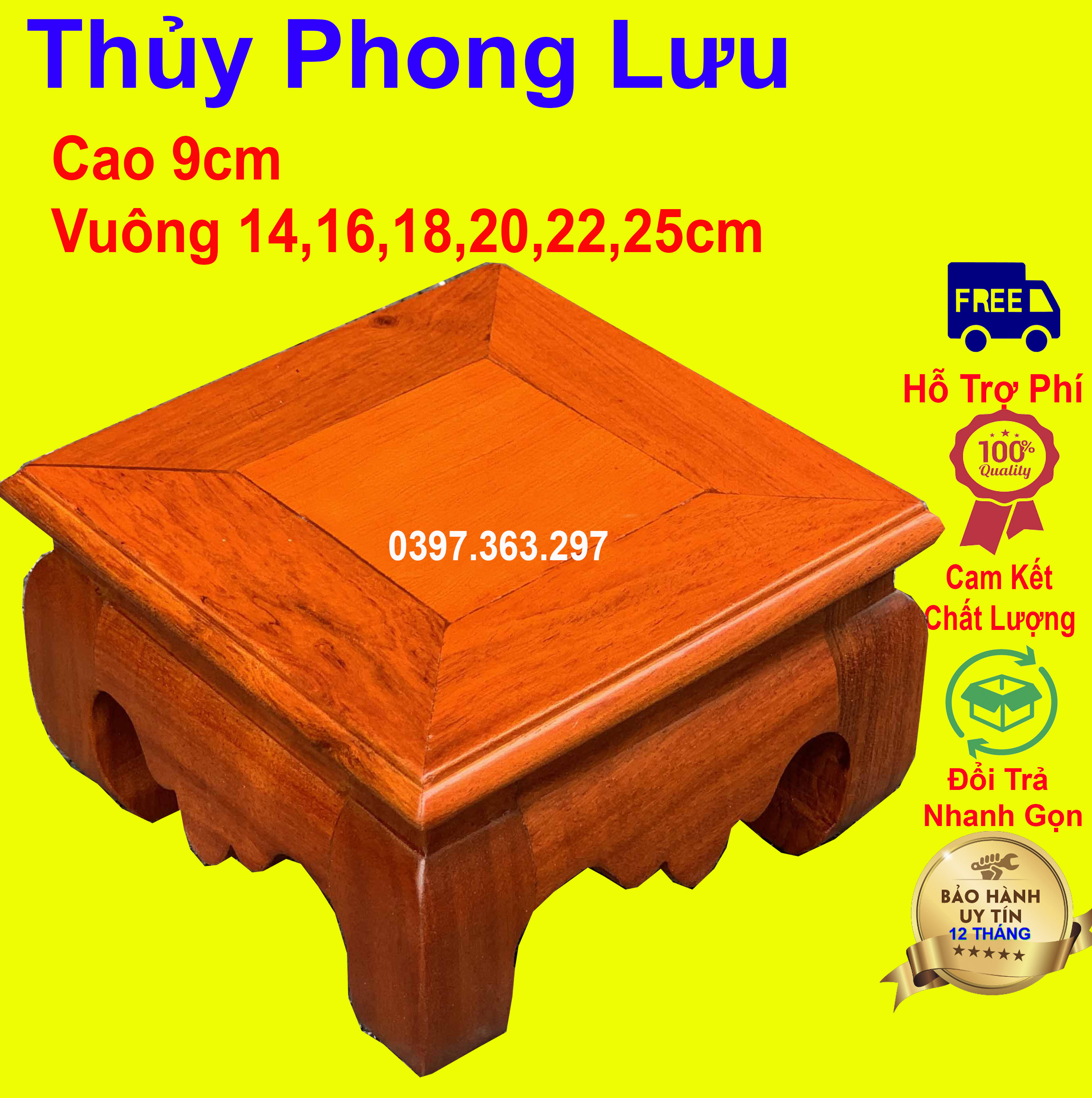Nhất sơn vuông đôn chân quỳ đôn thờ đế kê tượng gỗ hương có 6 kích thước mặt