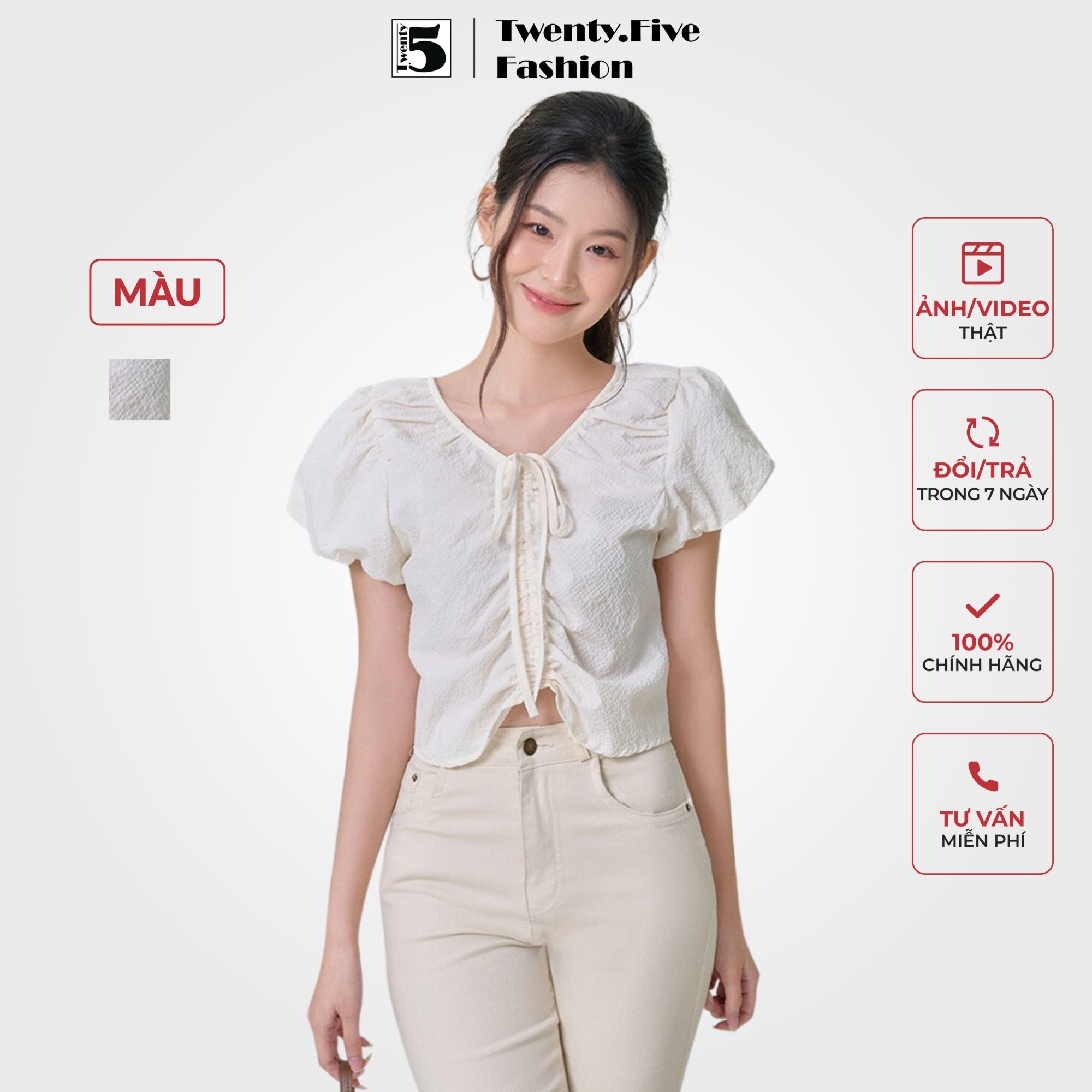 Áo kiểu cổ V dây rút ngực màu kem freesize 4802
