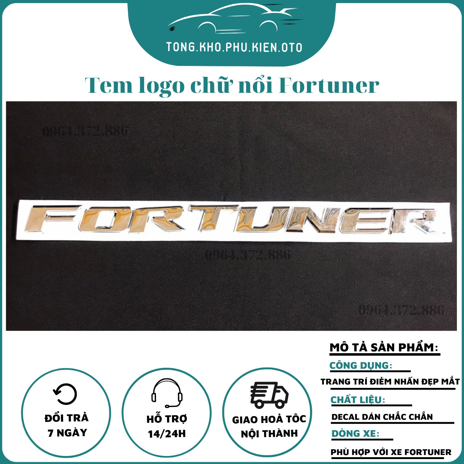 Tem logo chữ nổi Fortuner dán trang trí xe ô tô 3D cao cấp