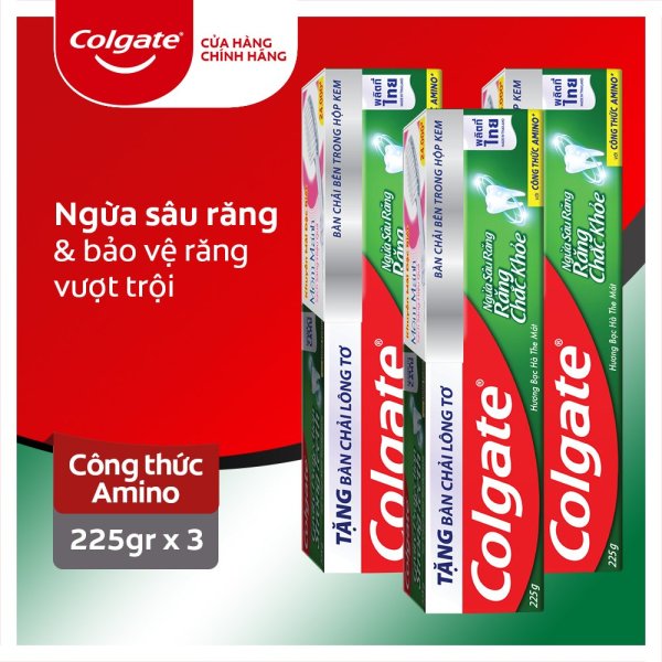 Bộ 3 Kem đánh răng Colgate ngừa sâu răng răng chắc khỏe 225g/ tuýp tặng bàn chải lông tơ cao cấp Thái Lan giá rẻ
