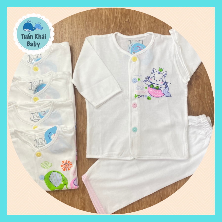 Túi 3 Bộ quần áo sơ sinh cotton JOU | Mẫu Tay dài Cài nút giữa Trắng | Size 1 -4 cho bé sơ sinh - 11 kg| Chất vải thun cotton 100% xịn đẹp mềm họa tiết xinh |Hàng Việt Nam | Quần sơ sinh | Áo sơ sinh | Đồ sơ sinh