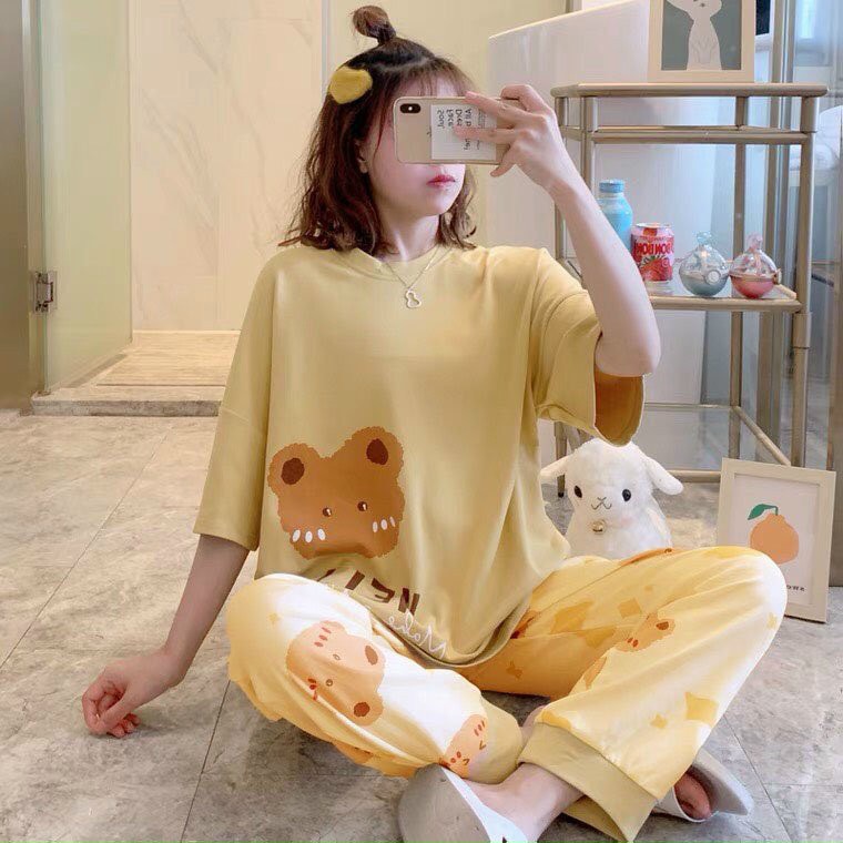 Bộ ngủ mặc nhà - Bộ piyama siêu xinh chất thun cotton mềm mịn thoáng mát in hình gấu cute