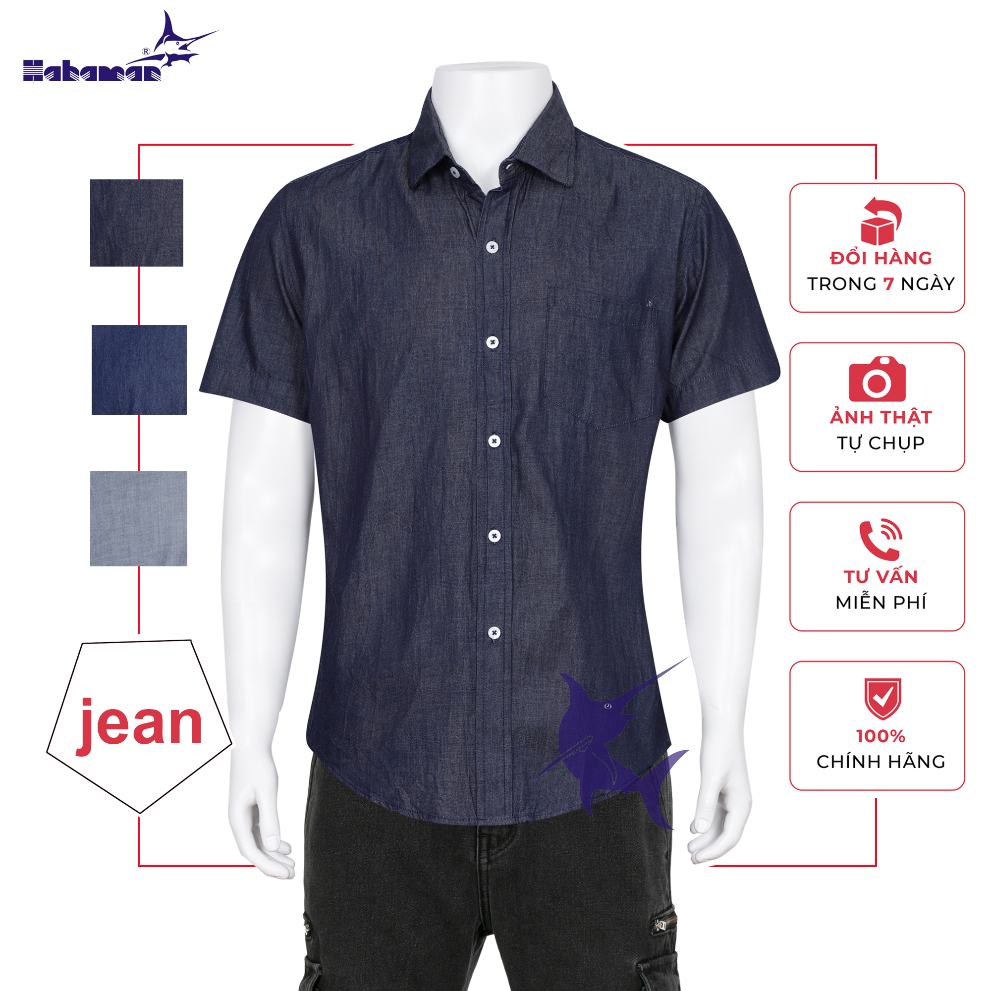 HAHAMAN Áo sơ mi nam jean ngắn tay cao cấp SMJ03005