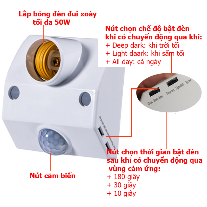 Đui đèn cảm ứng chuyển động hồng ngoại E27