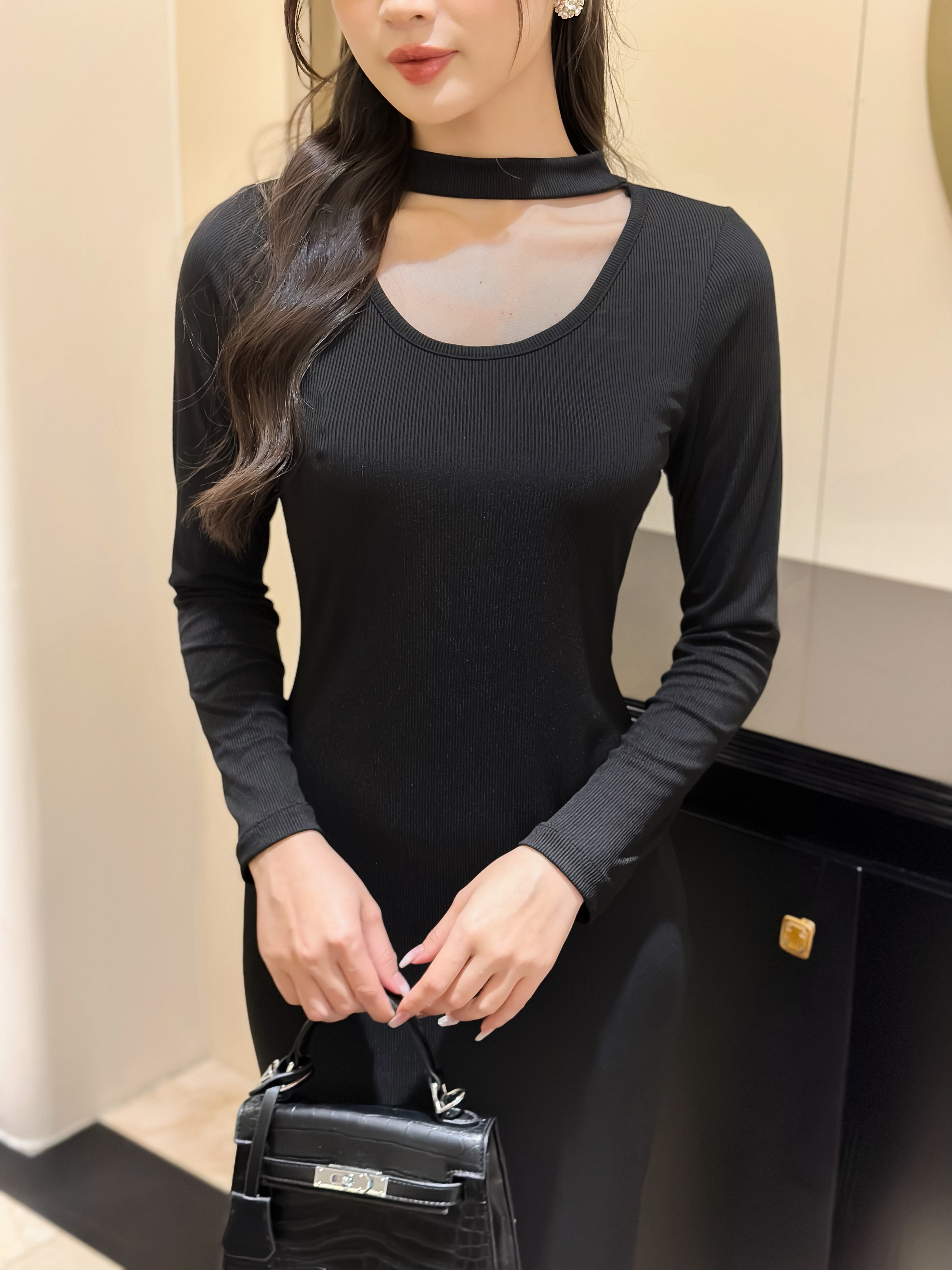 Maiimer - Váy thun tăm cổ choker xẻ dài (Đen)