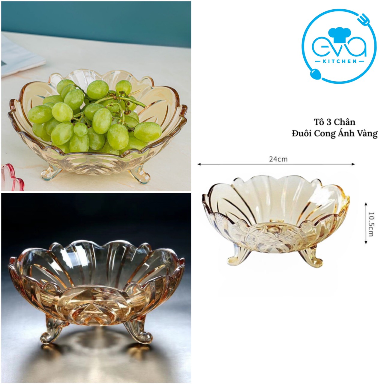 Tô Thuỷ Tinh Pha Lê 3 Chân Đựng Hoa Quả / Thố Mứt Tết / Dĩa Đựng Hoạ Quả Thuỷ Tinh 3 Chân M1194