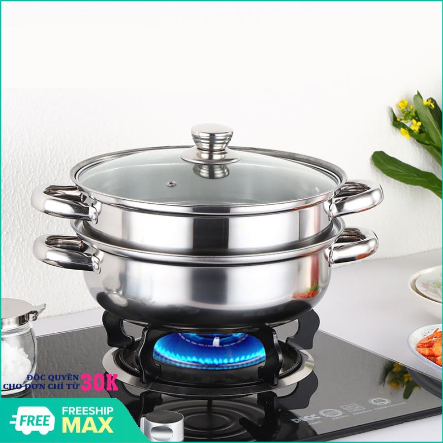 Bộ Nồi Xửng Hấp Inox COOK 28cm Nắp Kính- Nồi lẩu kiêm nồi hấp 2 tầng inox nắp thủy tinh cao cấp - Nồi lẩu kiêm nồi hấp 2 tầng inox - Nồi luộc hấp thức ăn đa năng 2 tầng