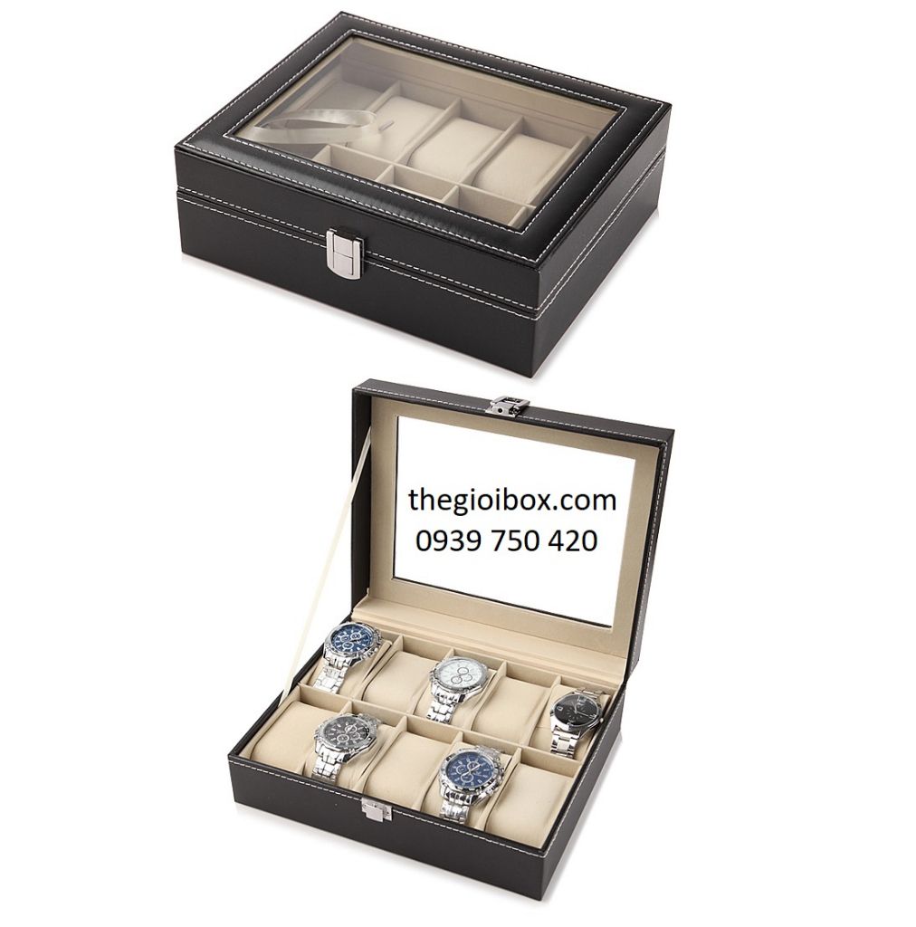 Luxury 6-compartment leather watch case box with dust-proof cover