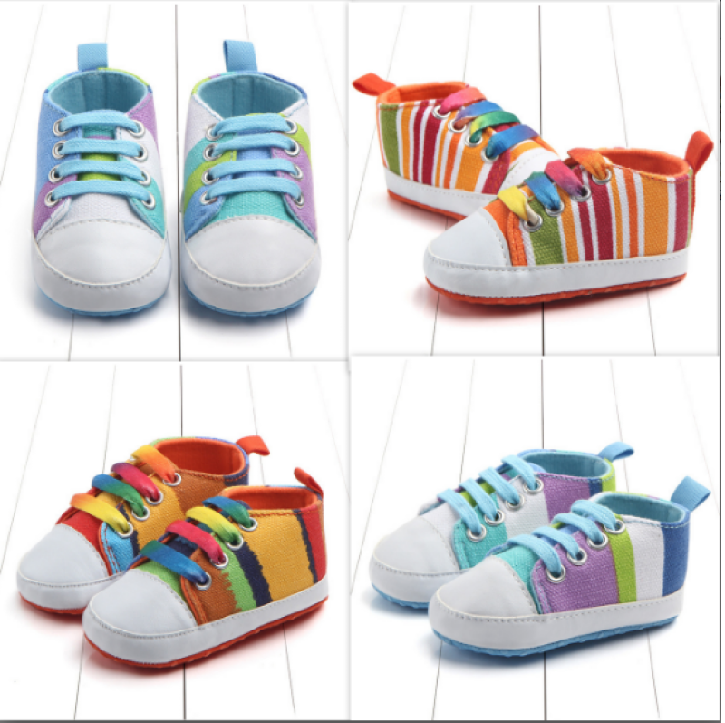 Giày thể thao cho bé gái và bé trai sơ sinh mới tập đi hình kẻ các màu làm bằng vải bông mềm không đau chân, chống trượt