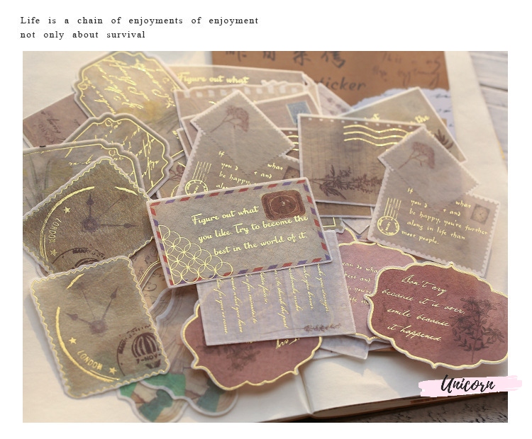 set 40 sticker phong cách vintage - hình con tem bronzing sticker