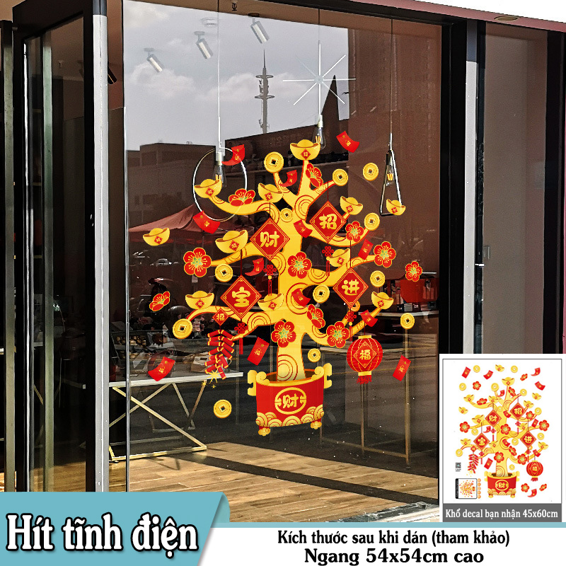Decal trang trí Tết hít tĩnh điện  - Cây mai đỏ kết hợp với vàng và đồng xu mini