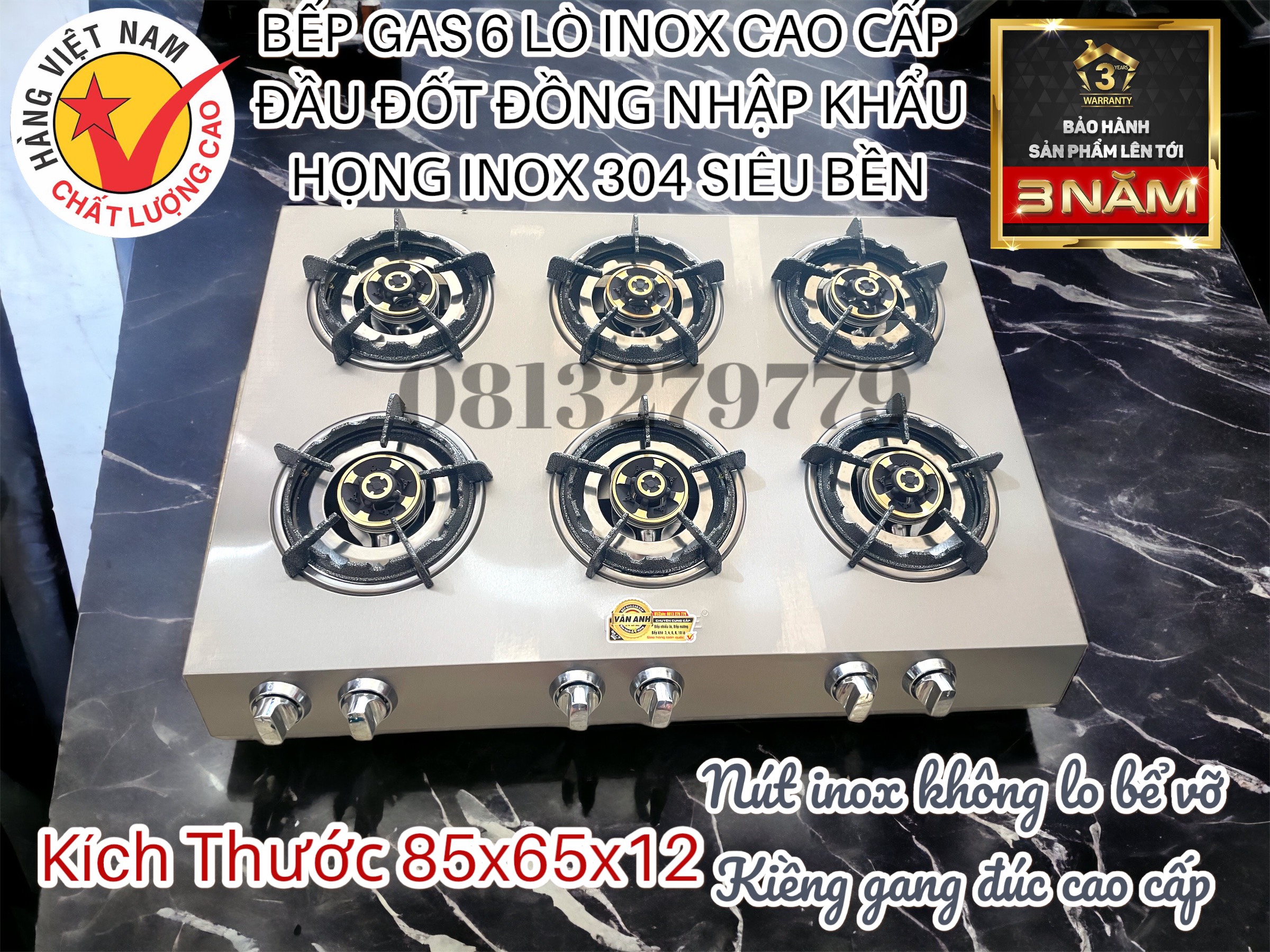 Bếp gas 6 họng cao cấp ( đầu đốt bằng đồng kiềng gang nút inox )