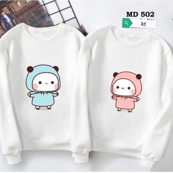 Áo nỉ đôi( 2 áo) in gấu xanh hồng