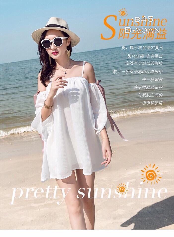 Đầm suông trễ vai rớt vai thắt nơ đi biển dễ thương TTS0095