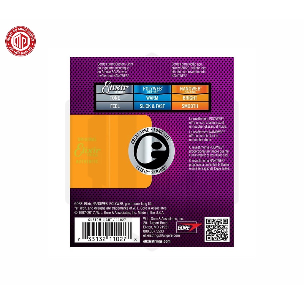 Bộ Dây đàn Acoustic Guitar Strings Elixir 11027 Nanoweb 80/20 Bronze Acoustic Guitar Strings 11-52 — E20-11027