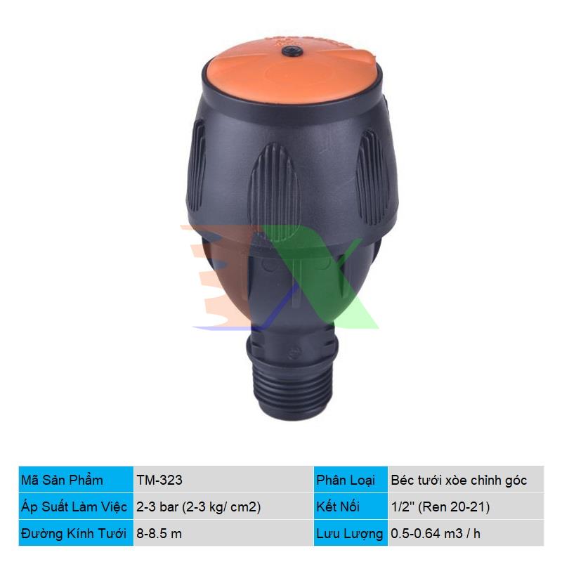Đầu tưới xoay phun mưa TM-323, Béc bọ tưới xoay 360° chân ren 1/2" 20-21