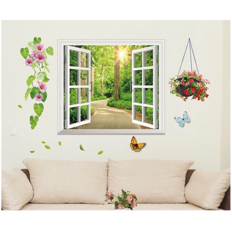 Decal dán tường cửa sổ xanh