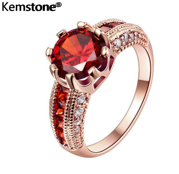 Kemstone Luxury Gold Plated Ruby Ring Women Red Crystal Wedding Party Jewelry - intl