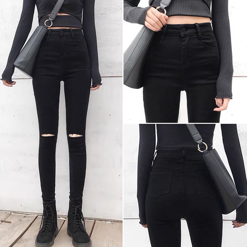 Quần jeans nữ lưng cao 2021 đen trơn - rách gối quần jean lưng cao nữ quần nữ jeans