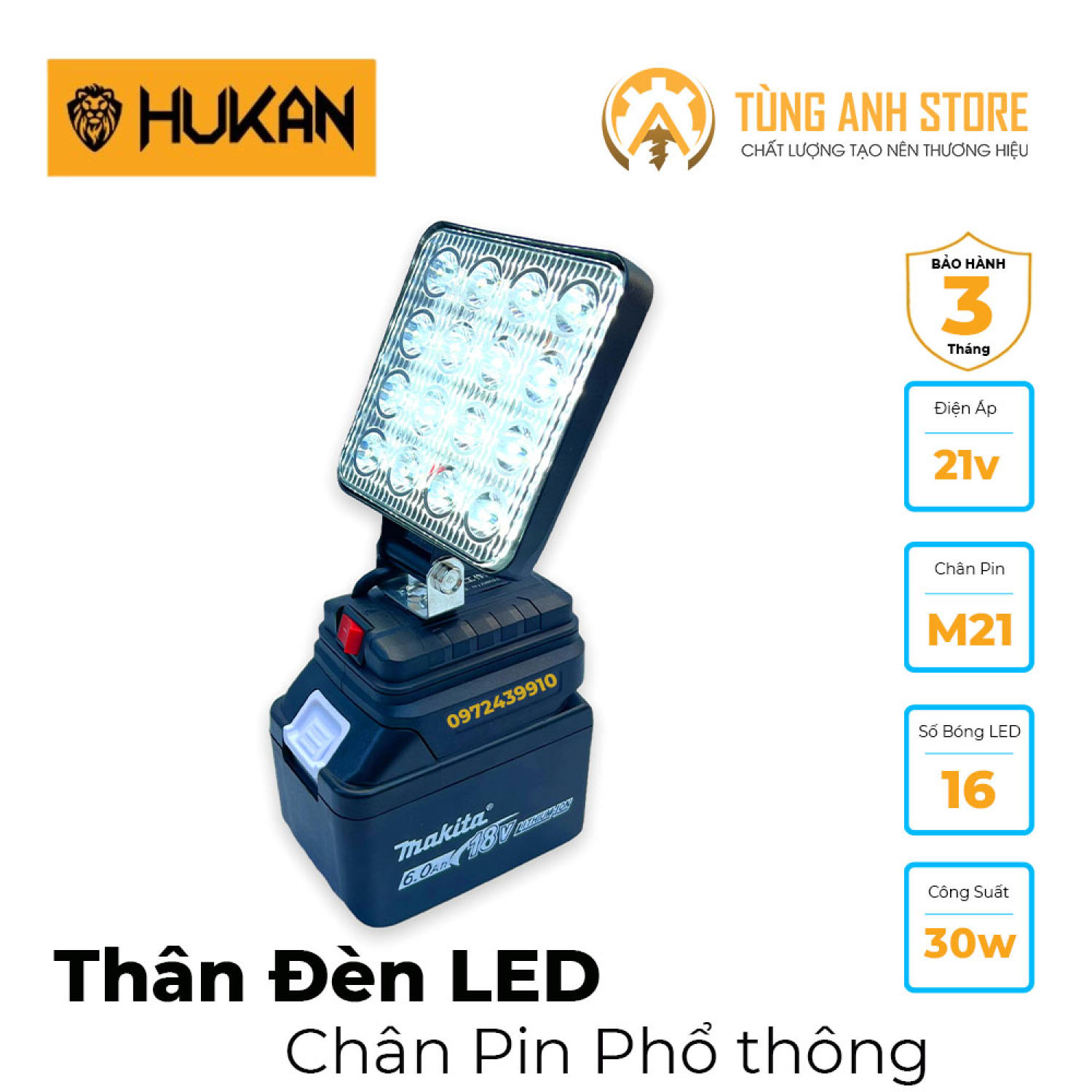 Thân đèn led dùng pin chân pin phổ thông m21 makita 16 bóng led
