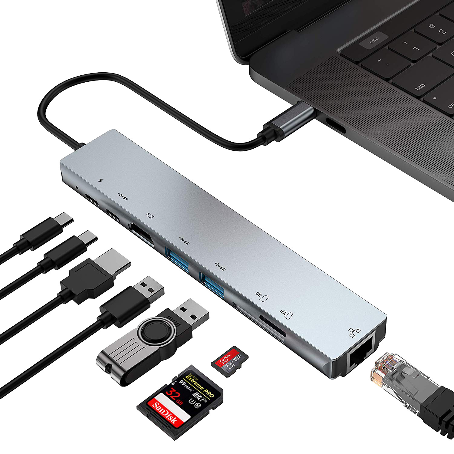 HUB Type C và HUB USB 3.0, Bộ chia cổng chuyển đổi to HDMI,USB 3.0,SD,TF,RJ45,PD Type C cho Laptop Macbook