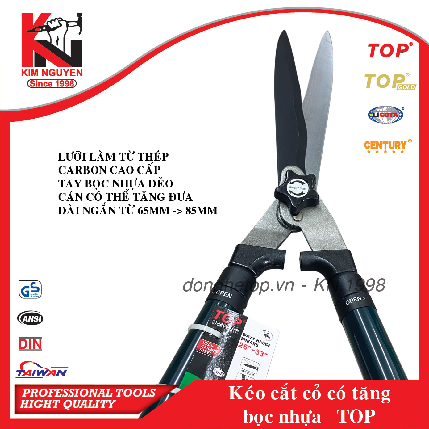 Kéo cắt cỏ,cắt hàng rào cao cấp Top chính hãng cán bọc nhựa có tăng đưa dài ra được từ 65cm đến 85cm