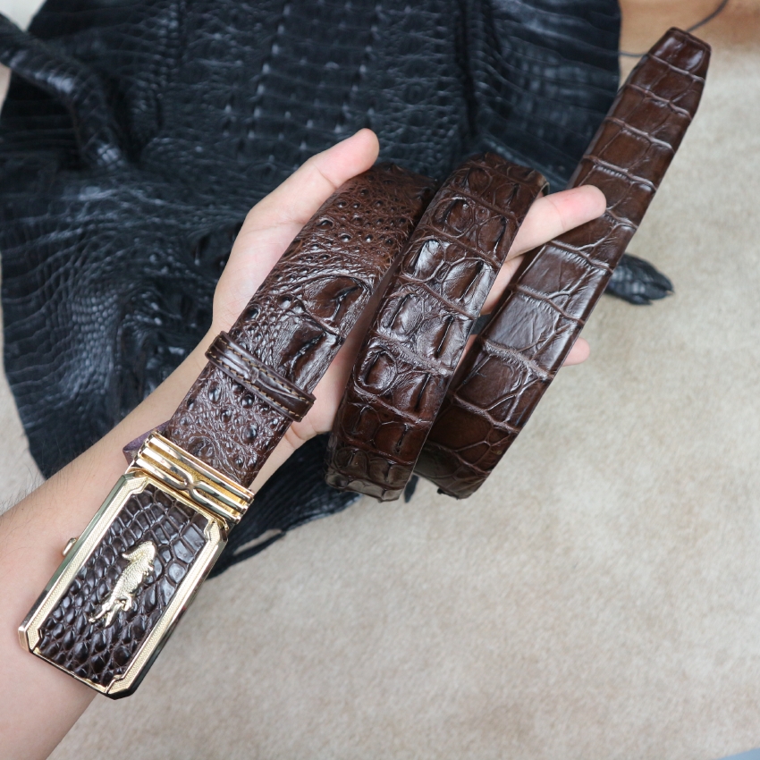 Dây nịt nam - Thắt lưng da cá sấu thật cao cấp bản to liền 4.0Cm màu nâu làm từ vân gai lưng cá sấu Bảo Hành 1 Năm