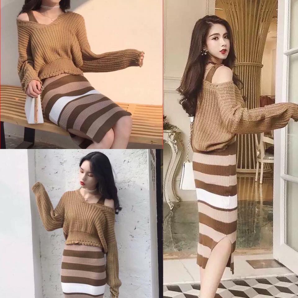 Set len kẻ body áo lệch vai