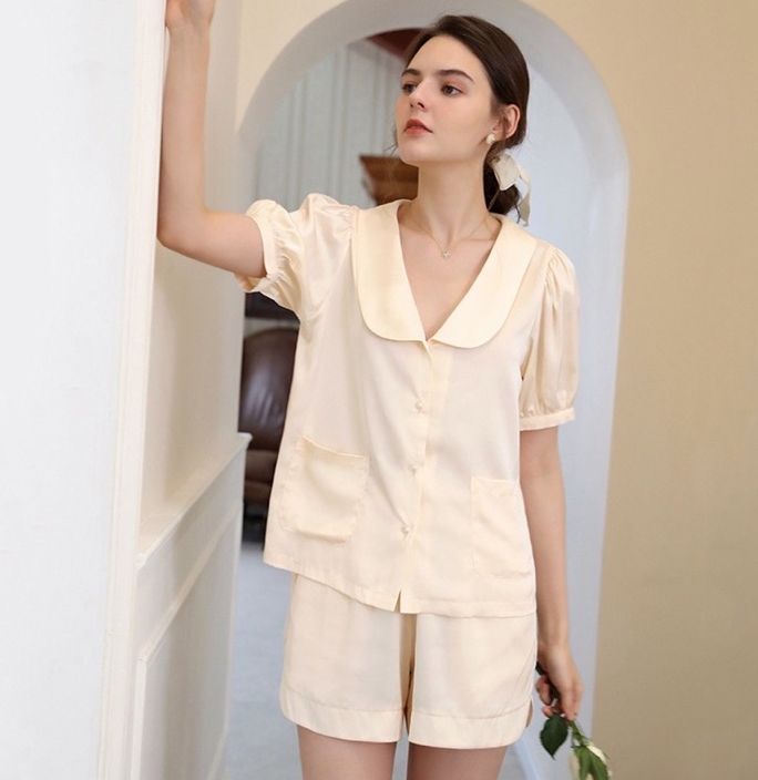 Bộ đồ ngủ lụa cộc tay, bộ pijama lụa tiểu thư cao cấp (BN003)