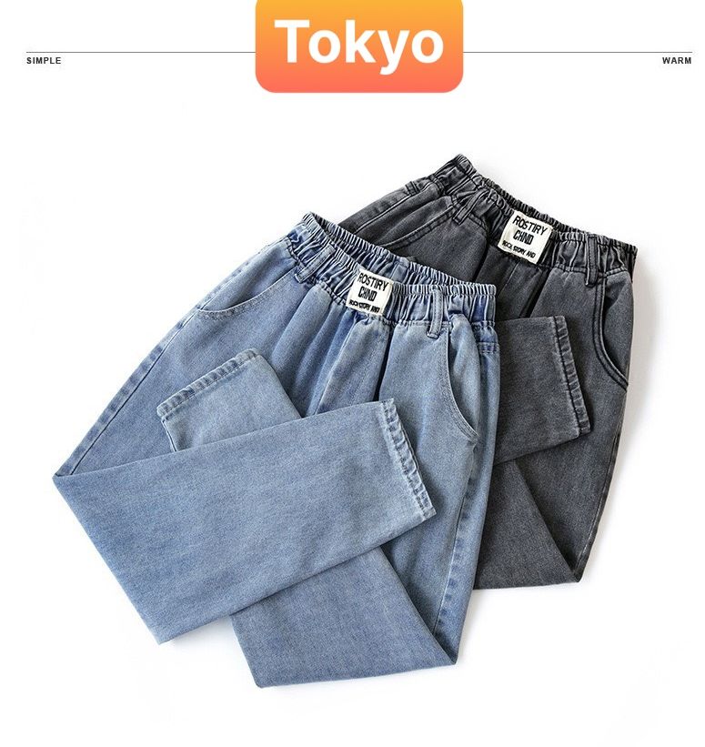 QUẦN JEAN BAGGY NỮ CHẤT BÒ GẮN LOGO LƯNG CAO LƯNG THUN CẠP CHUN NÂNG MÔNG CAO CẤP - TOKYO FASHION