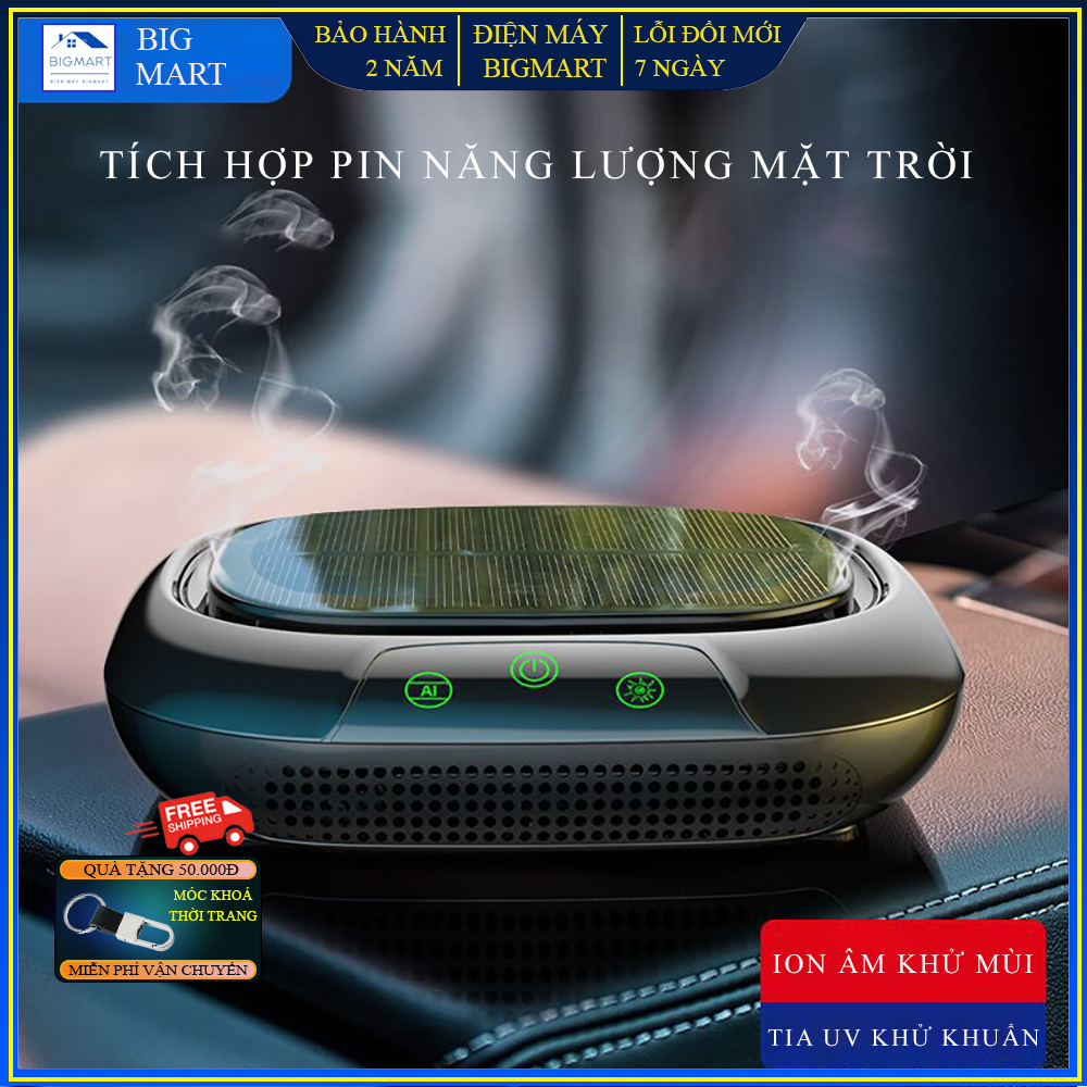 Máy lọc không khí xe ô tô vận hành bằng năng lượng mặt trời tích hợp AI tự điều khiển, công nghệ khuếch đại phân tử tinh dầu nước hoa siêu việt, khử 99% vi khuẩn bằng tia UAV, tặng kèm ví da hoặc máy massage, bảo hành 2 năm