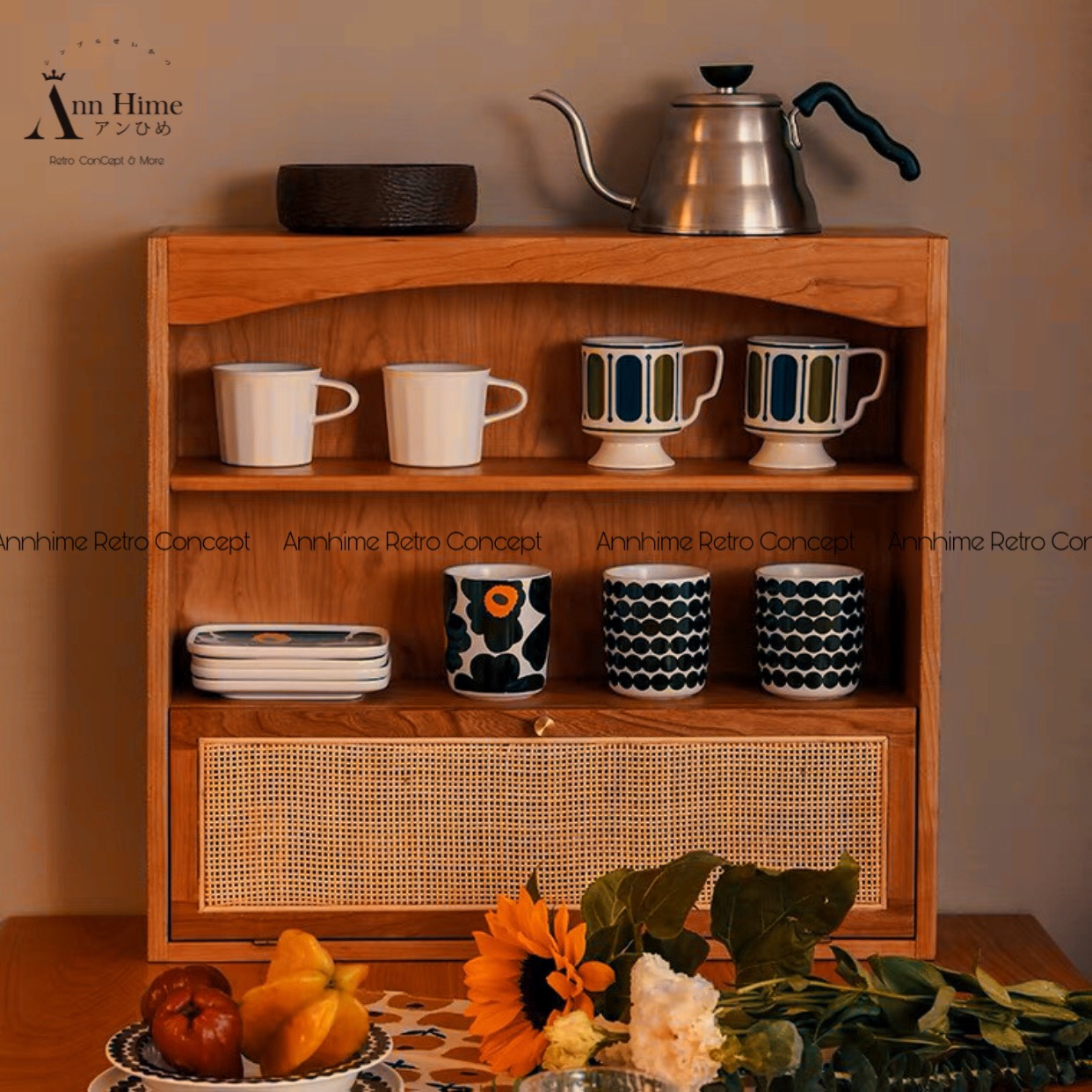 Tủ gỗ decor để bàn đựng đồ chén bát cửa lưới mây mở ngược retro vintage sp33