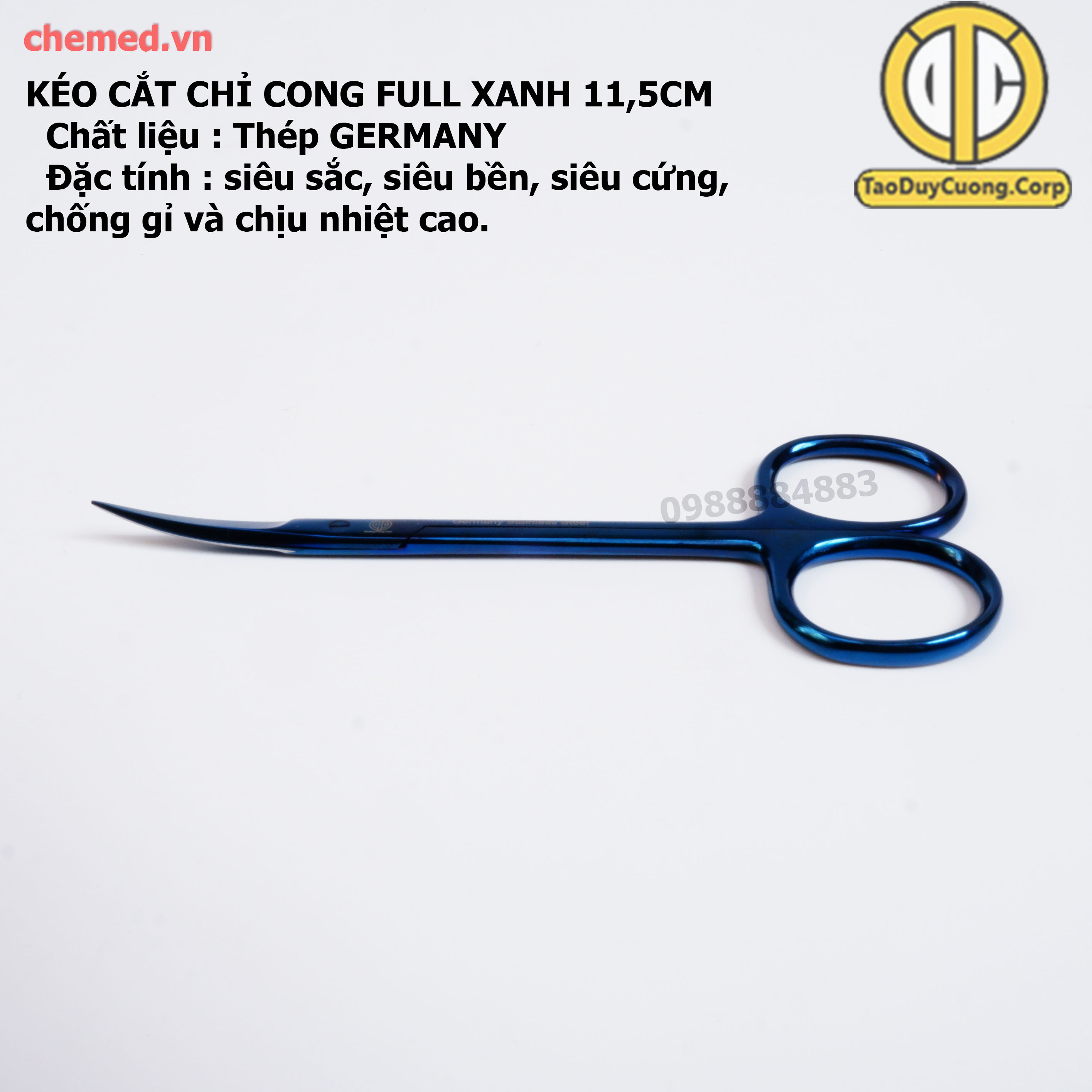 Kéo cắt chỉ cong và thẳng dùng trong thẩm mỹ, phẫu thuật, full xanh dài 11,5 cm