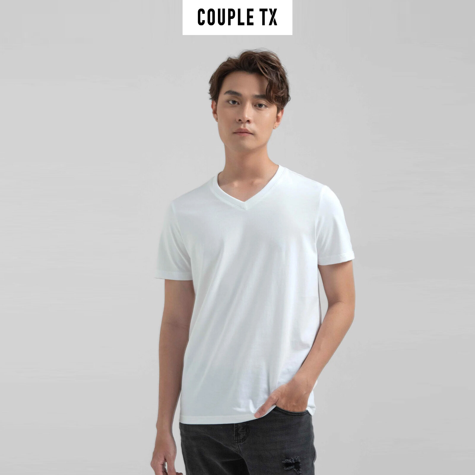 [15.1 - 17.1 Voucher lên đến 200K]  Áo Thun Nam COUPLE TX - Áo Thun Cotton Trơn Basic Nam Cổ Tim, Form Fit