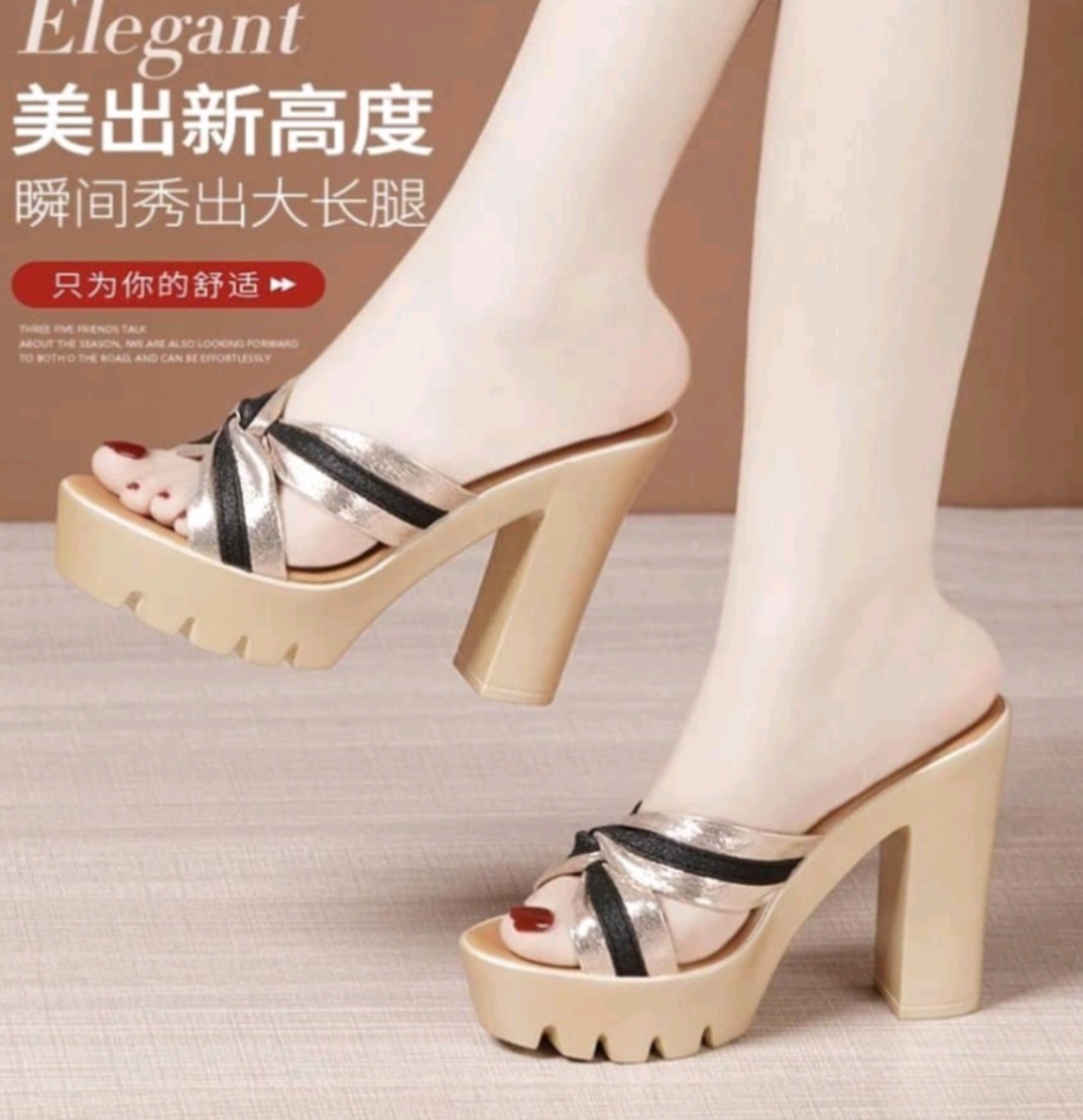 Dép cao gót đế thô quai chéo sọc 9f