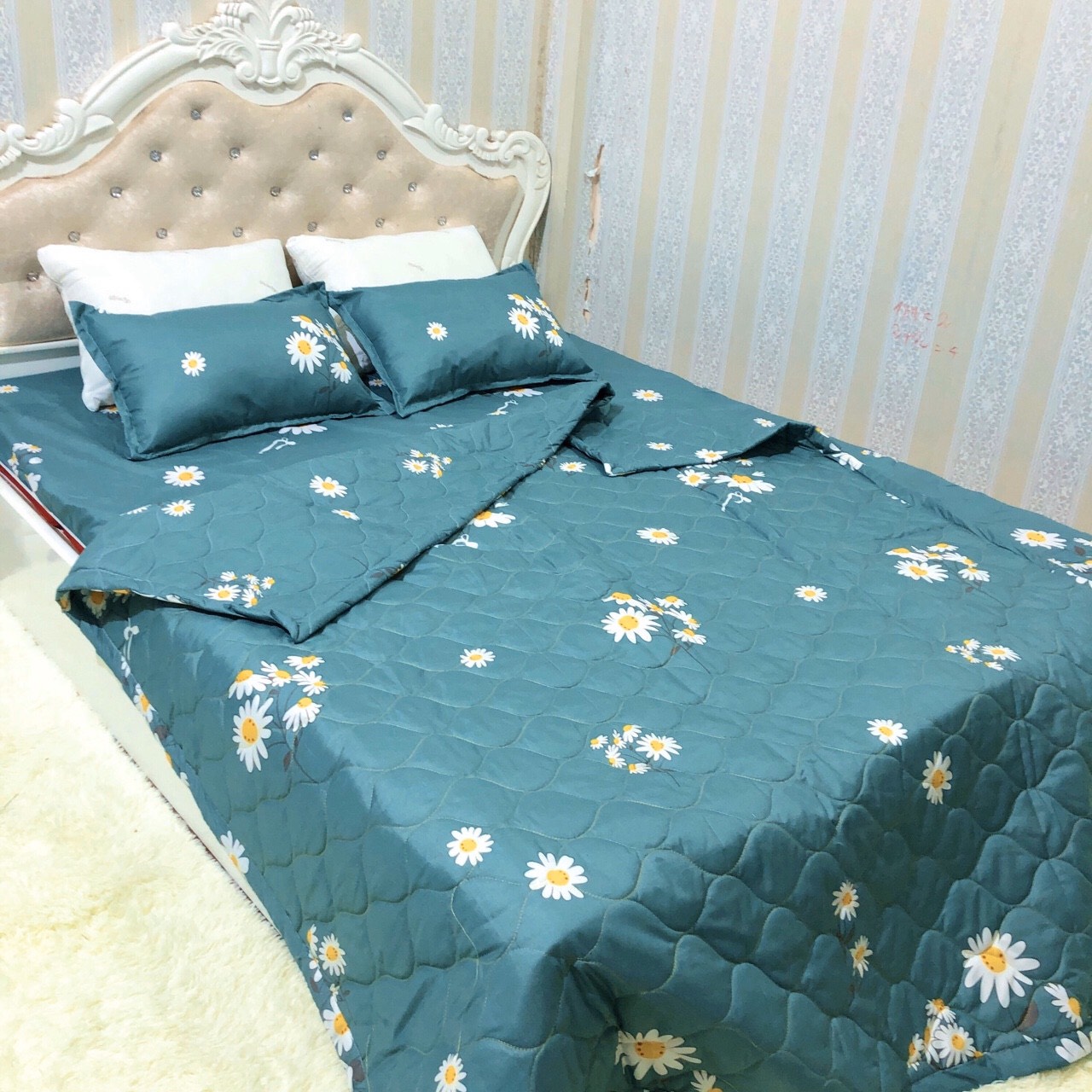 BỘ CHĂN GA GỐI COMBO 5 MÓN - HOA CÚC ĐẬM drap giường, ga giường, ra giường, drap trải giường,ga trải giường, drap trải giường đẹp ga trải giường cưới, bộ ga trải nệm mát, ga giường cưới spa