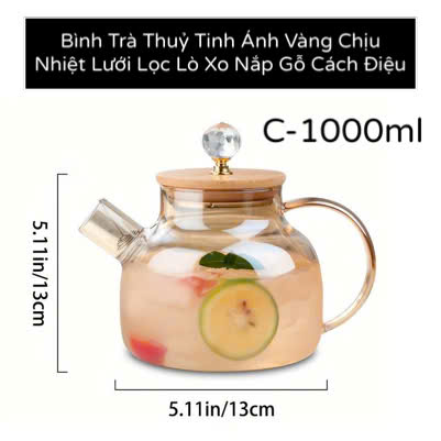 Bình Pha Trà Thuỷ Tinh Ánh Vàng Chịu Nhiệt Lưới Lọc Lò Xo Kèm Nắp Gỗ Cách Điệu Sang Trong 1000ML