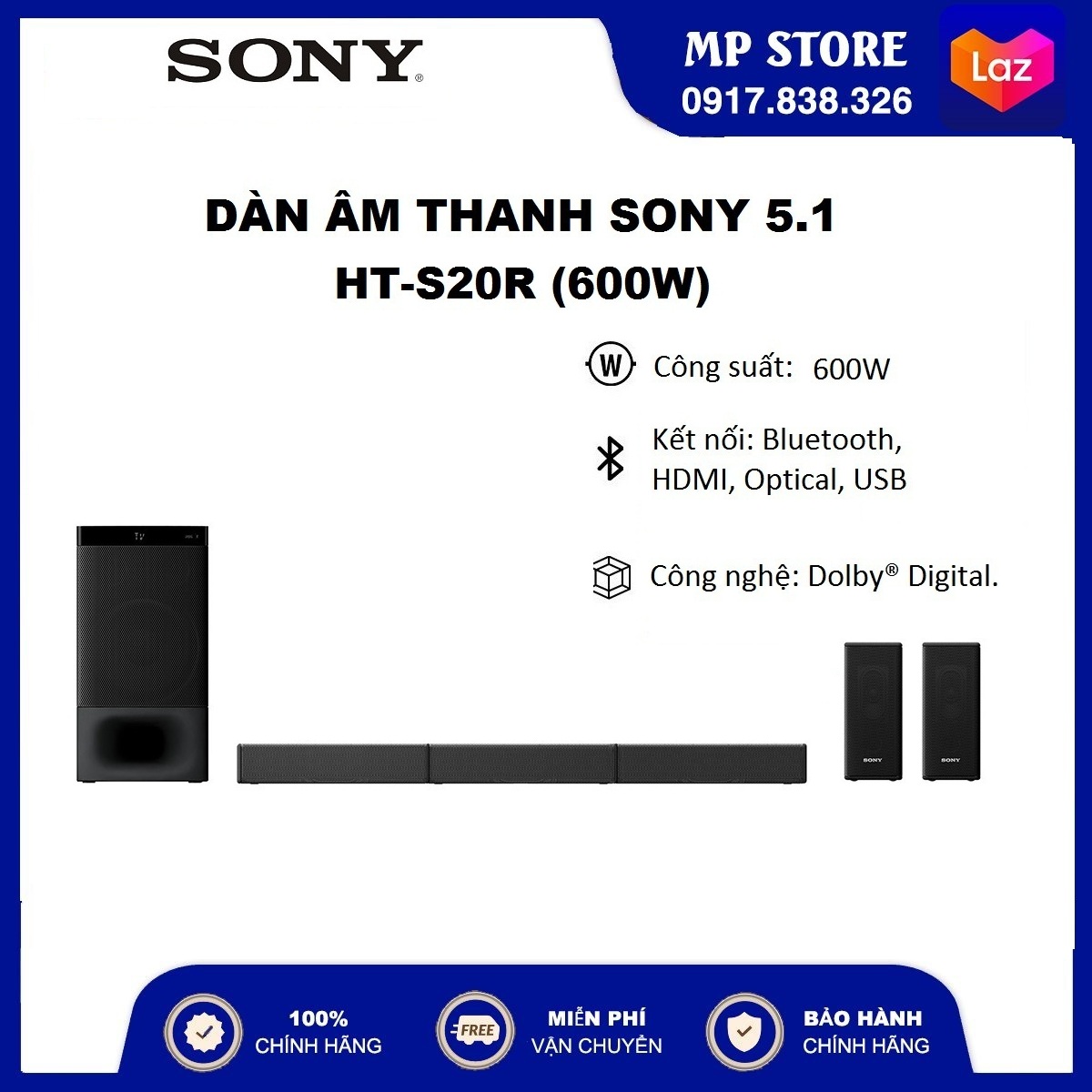 [Trả góp 0%][XẢ KHO] Dàn âm thanh Soundbar Sony 5.1 HT-S20R (400W)