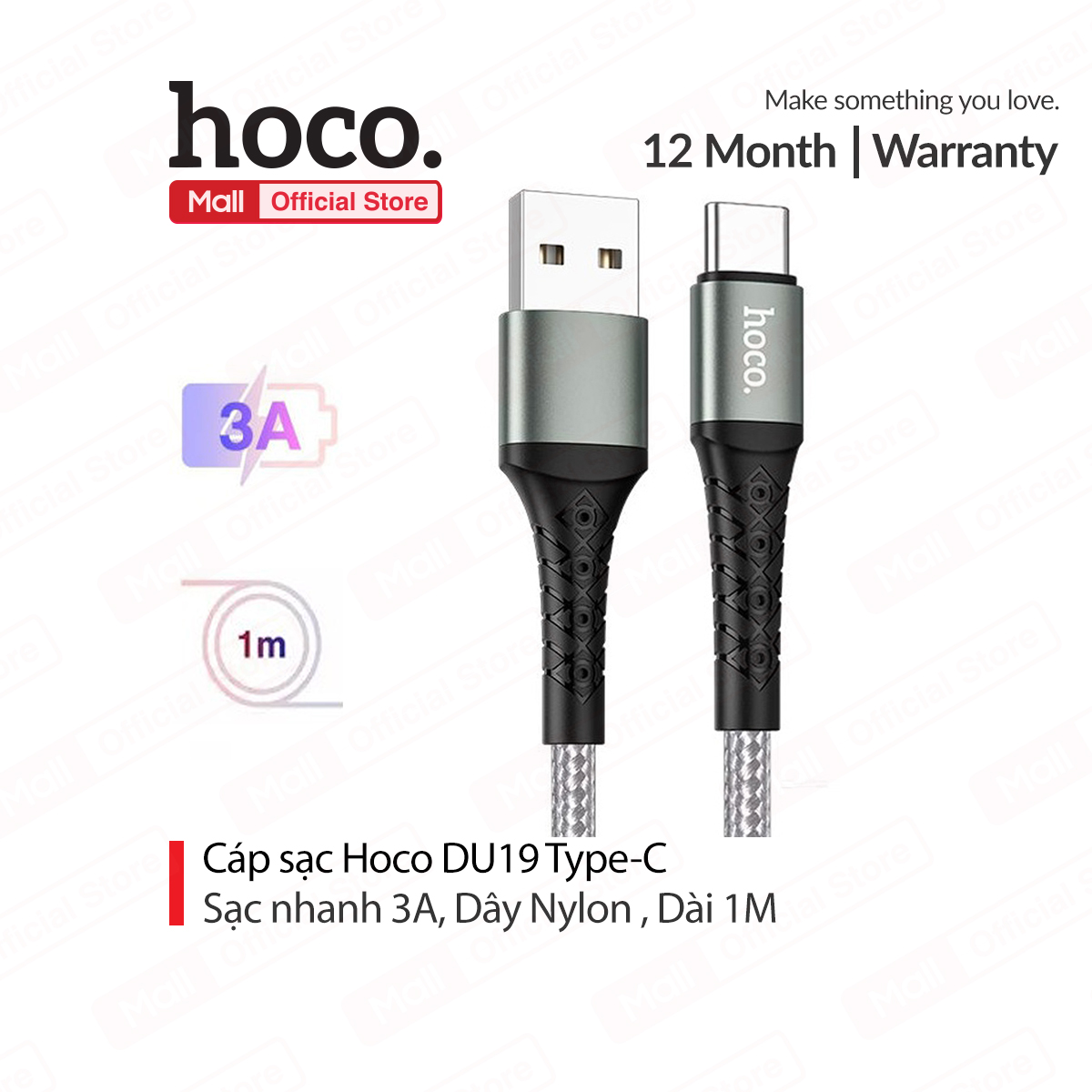 Cáp sạc 3A Hoco DU19 Type-C dây dù chống gãy gập truyền dữ liệu nhanh chóng dài 1M cho Android
